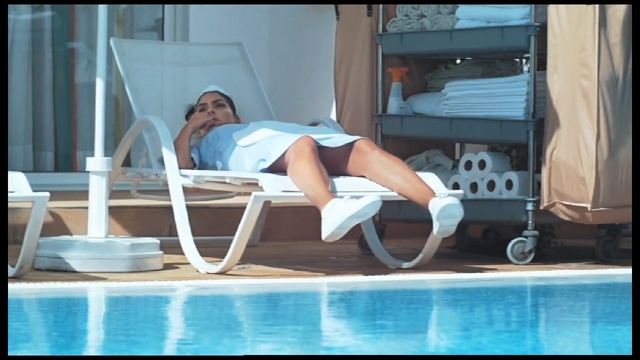 Video Reference: leisure, furniture, swimming pool, sitting, leg, product, vacation, girl, fun, chair