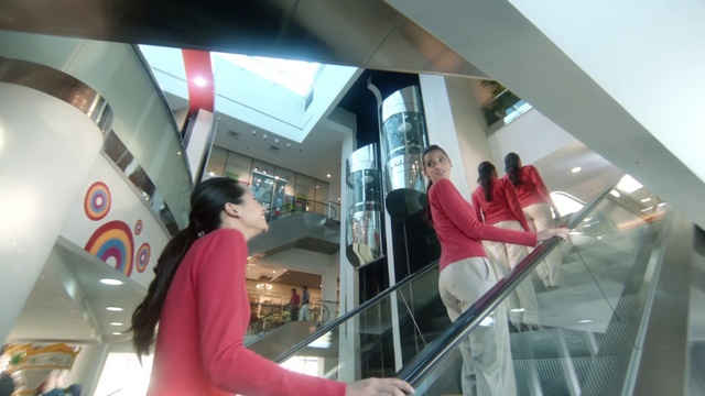 Video Reference: Escalator, Shopping mall, Architecture, Building, Interior design, Glass