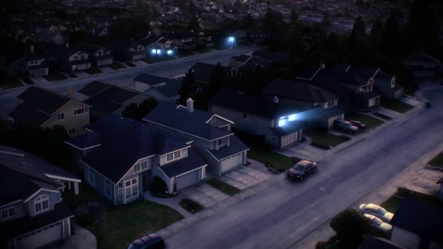 Video Reference: Aerial photography, Residential area, Suburb, Pc game, Night, Sky, Mode of transport, Lighting, Screenshot, Urban area