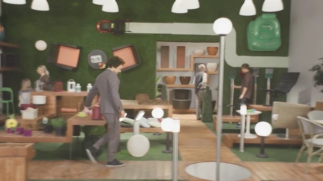 Video Reference: green, room, furniture, table, interior design, home, play, product, recreation, Person