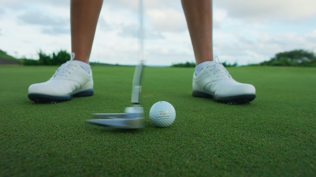 Video Reference: golf, golf ball, putter, grass, shoe, sand wedge, sport venue, ball game, ball, golf equipment