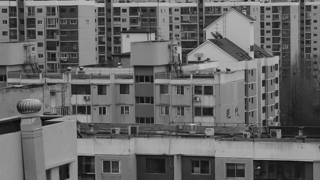 Video Reference: metropolitan area, building, urban area, residential area, metropolis, black and white, city, tower block, monochrome photography, architecture