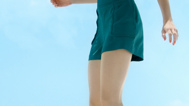 Video Reference: blue, thigh, joint, human leg, leg, shoulder, shorts, standing, active undergarment, arm