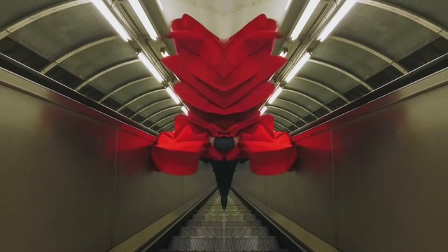 Video Reference: Red, Symmetry, Architecture, Design, Escalator, Ceiling, Interior design, Plant, Pattern, Fictional character