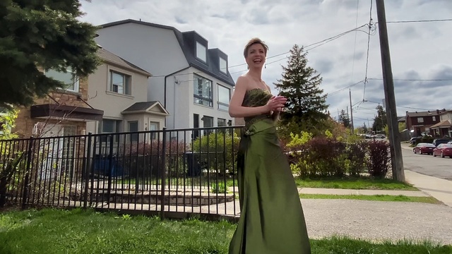 Video Reference: Dress, Gown, Shoulder, Grass, Lawn, Backyard, Prom, Yard, Formal wear, House