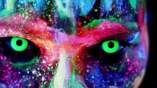 Video Reference: Face, Green, Blue, Colorfulness, Eye, Purple, Close-up, Psychedelic art, Iris, Organ