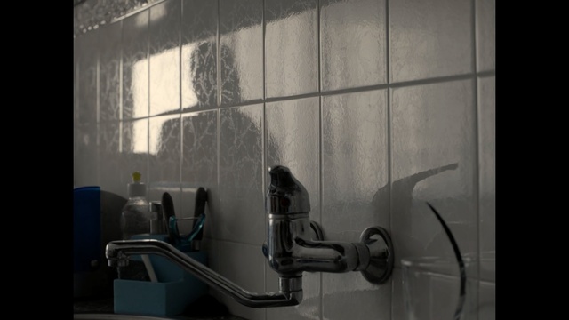 Video Reference: Tile, Plumbing fixture, Room, Bathroom, Still life photography, Architecture, Tap, Shower, Monochrome, Photography