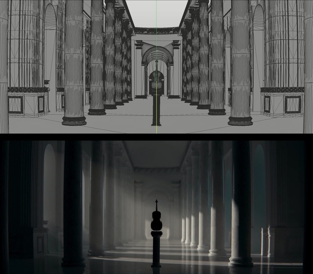 Video Reference: Black, Architecture, Column, Black-and-white, Building, Arch, Symmetry, Monochrome, Classical architecture, Arcade, Person