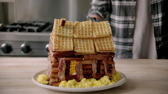 Video Reference: Gingerbread house, Food, Dish, Waffle, Cuisine, Wafer, Dessert, Breakfast, Baked goods, Buttercream