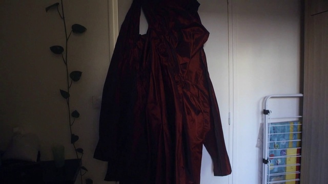 Video Reference: Clothing, Dress, Maroon, Fashion, Outerwear, Textile, Room, Pattern, Formal wear, Vintage clothing