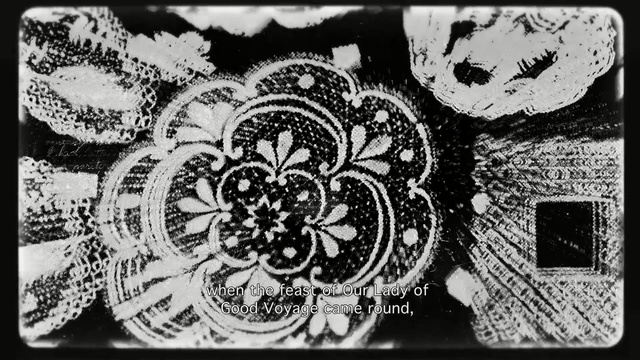 Video Reference: Black, Black-and-white, Monochrome photography, Pattern, Monochrome, Textile, Design, Lace, Font, Visual arts, Person