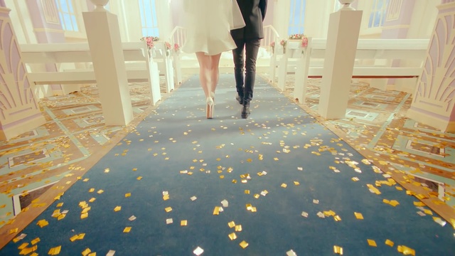 Video Reference: photograph, yellow, room, floor, flooring, light, snapshot, dress, aisle, carpet, Person