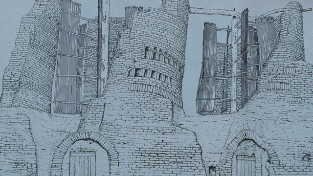 Video Reference: Sketch, Drawing, Architecture, Artwork, Line art, Medieval architecture, Building, Facade, Cylinder, Art