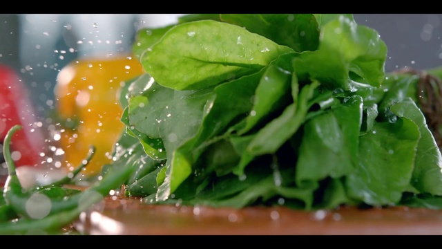 Video Reference: Leaf vegetable, Food, Vegetable, Spinach, Leaf, Plant, Vegetarian food, Spring greens, Dish, Salad, Sitting, Table, Green, Small, Topped, Close, Covered, Plate, Large, White, Water, Laying, Sandwich