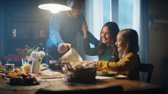 Video Reference: Meal, Food, Conversation, Cuisine, Dish, Table, Child, Eating, Smile, Restaurant, Person