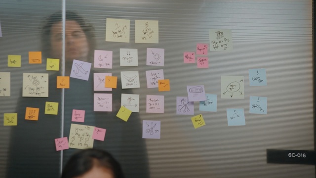 Video Reference: Post-it note, Text, Wall, Bulletin board, Room, Display board, Design, Pattern, Visual arts, Paper product, Person