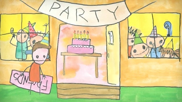 Video Reference: cartoon, yellow, art, text, fiction, child art, drawing, material, illustration, design, Person