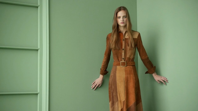 Video Reference: Clothing, Green, Fashion, Dress, Brown, Outerwear, Leather, Long hair, Jacket, Waist, Person