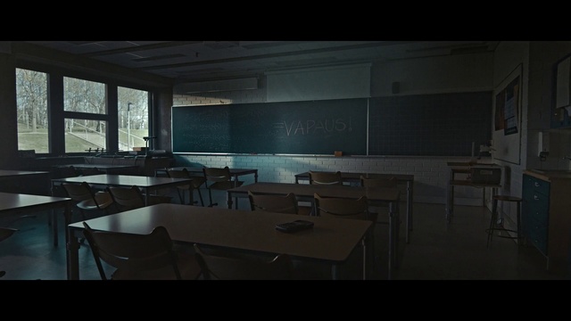 Video Reference: Room, Table, Architecture, Furniture, Classroom, Darkness, Design, Chair, Building, Interior design