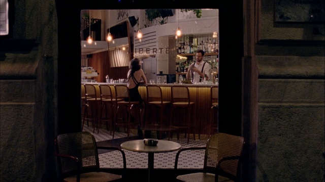 Video Reference: restaurant, night, lighting, table, bar, interior design, darkness, window, café, Person
