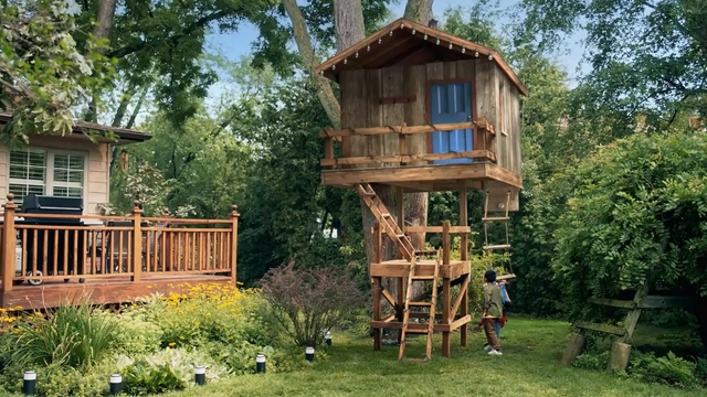 Video Reference: tree house, outdoor structure, tree, house, backyard, cottage, home, yard, plant, shed