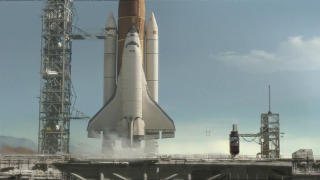 Video Reference: rocket, spacecraft, space shuttle, sky, building, industry, tower, Person