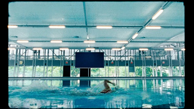Video Reference: Swimming pool, Leisure centre, Leisure, Water, Swimming, Building, Recreation, Window, Sitting, Table, Light, Large, White, Room, Blue, Bird, City, Standing, Kitchen, Man, Game, Marine mammal, Dolphin, Pool, Text