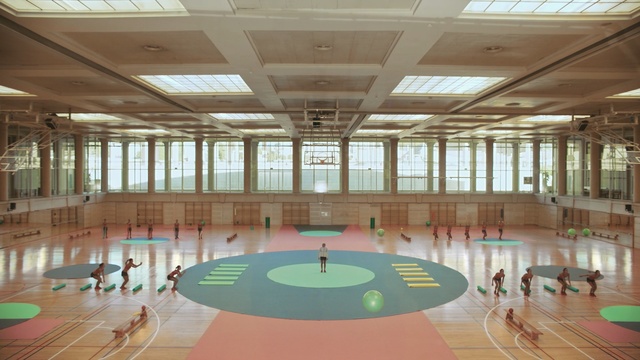 Video Reference: leisure centre, sport venue, structure, leisure, function hall, ceiling, indoor games and sports, daylighting, interior design, hall, Person
