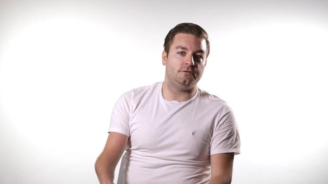 Video Reference: chin, shoulder, neck, facial hair, t shirt, Person