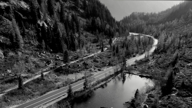 Video Reference: nature, black and white, water, monochrome photography, wilderness, tree, reflection, mountain, geological phenomenon, photography