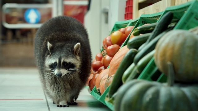 Video Reference: mammal, fauna, raccoon, procyonidae, snout, whiskers, fur, grass, Person