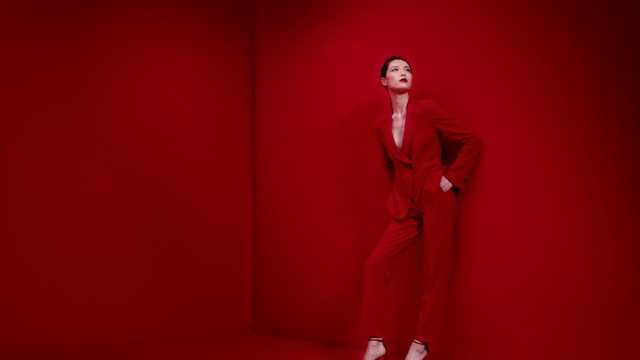 Video Reference: Red, Suit, Fashion, Standing, Formal wear, Fashion design, Photography, Room, Model, Photo shoot