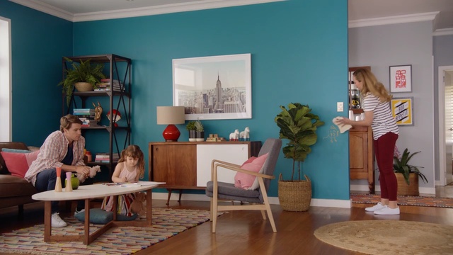 Video Reference: Room, Living room, Turquoise, Furniture, Green, Interior design, Table, House, Dining room, Floor, Person