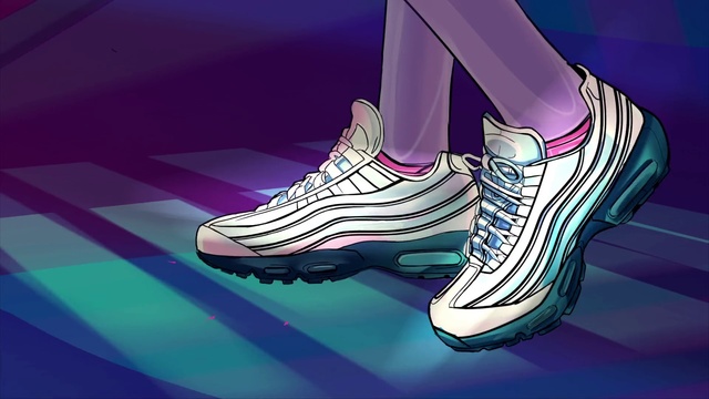 Video Reference: Footwear, Shoe, Purple, Illustration, Sneakers, Ankle, Nike free, Athletic shoe, Plimsoll shoe, Graphic design, Table, Sitting, Computer, Blue, Room, Cartoon, Screenshot, High heels, Sandal