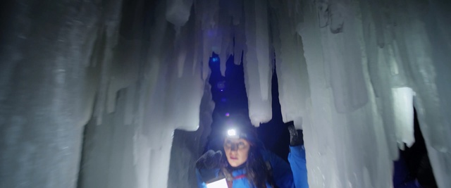 Video Reference: Blue, Ice cave, Light, Glacial landform, Ice hotel, Fun, Cave, Formation, Ice, Photography, Person