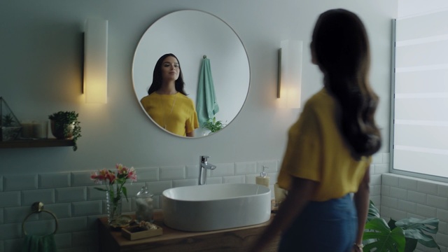 Video Reference: Room, Yellow, Mirror, Bathroom, Plumbing fixture, Interior design, House, Reflection