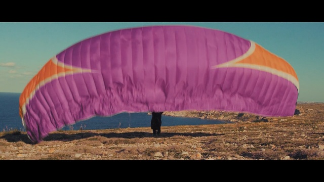 Video Reference: air sports, sky, ecosystem, paragliding, purple, parachute, windsports, magenta, ecoregion, rainbow, Person