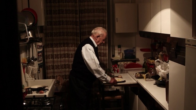 Video Reference: man, old man, dinner, kitchen  , Person