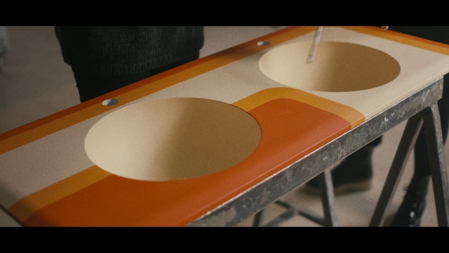 Video Reference: Countertop, Orange, Table, Sink, Plywood, Design, Architecture, Wood, Material property, Furniture