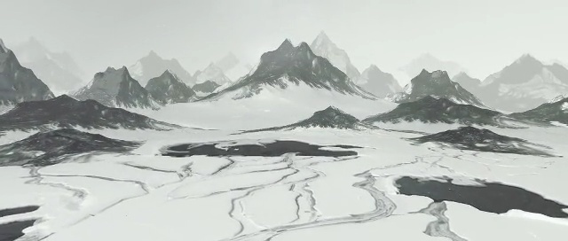 Video Reference: black and white, nunatak, mountain, mountain range, monochrome photography, massif, glacial landform, sketch, ridge, monochrome