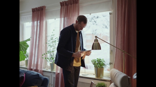 Video Reference: Curtain, Suit, Interior design, Window, Textile, Room, Window treatment, Formal wear, Window covering