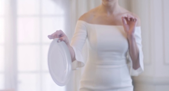 Video Reference: Dress, Shoulder, Clothing, Wedding dress, Gown, Bridal clothing, Joint, Hand, Finger, Haute couture