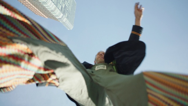 Video Reference: Gesture, Leisure, Wing, Person, Man, Striped, Holding, Woman, Young, Black, Laying, Boy, Girl, Wearing, Air, Standing, Bed, Playing, Kite, Cat, Room, White, Flying, Clothing, Human face
