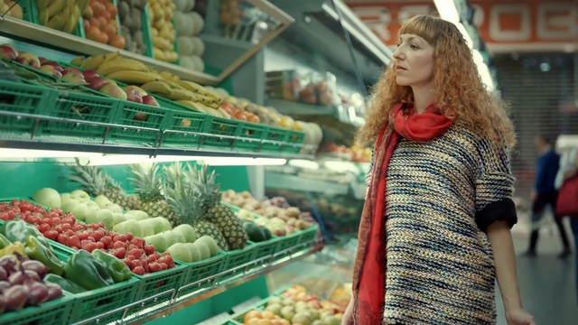 Video Reference: supermarket, grocery store, produce, marketplace, local food, whole food, food, market, greengrocer, shopkeeper, Person