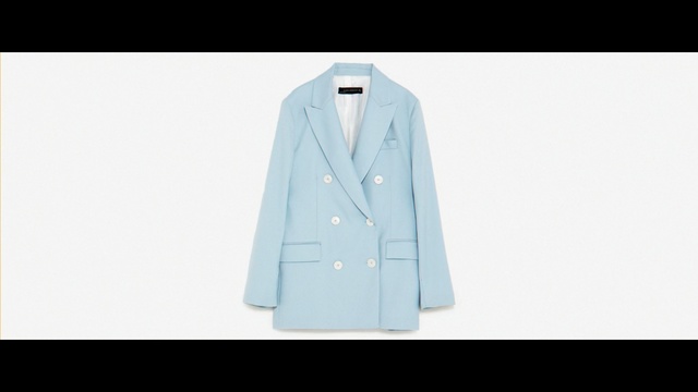 Video Reference: blue jacket, clothing, blazer, outerwear, jacket, product, sleeve, clothes hanger, formal wear, coat, button