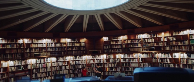 Video Reference: Library, Public library, Building, Ceiling, Architecture, Book, Room, Daylighting, Interior design, Window
