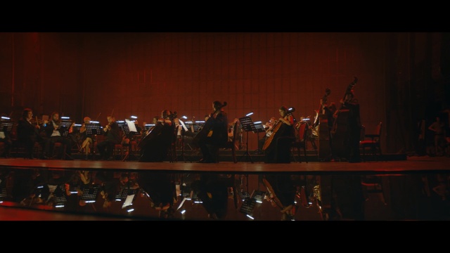 Video Reference: stage, entertainment, orchestra, darkness, performance, musician, string instrument, concert, performing arts, musical instrument accessory, Person