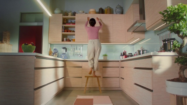 Video Reference: Room, Furniture, Cabinetry, Pink, Kitchen, Interior design, Floor, Shelf, Material property, Flooring