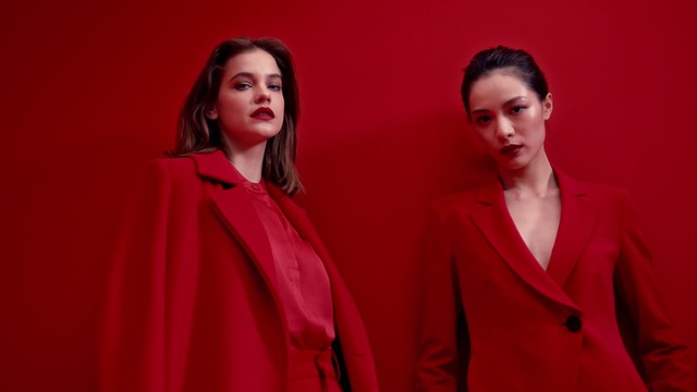 Video Reference: Red, Outerwear, Fashion, Standing, Fashion design, Formal wear, Fashion model, Model, Photography, Coat