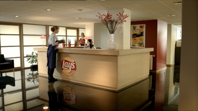 Video Reference: Building, Interior design, Room, Furniture, Lobby, Receptionist, Person